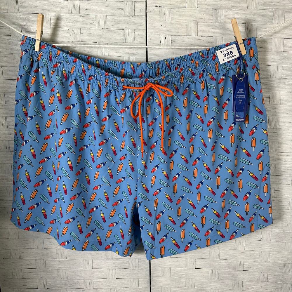 Caribbean drawstringt travel swim shorts trunks blue popsicles lined big‎ & tall